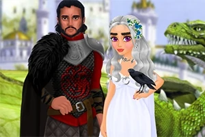 Hombre y mujer de estilo medieval con un cuervo en su mano y un dragón en el fondo, frente a un castillo