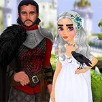 Hombre y mujer de estilo medieval con un cuervo en su mano y un dragón en el fondo, frente a un castillo