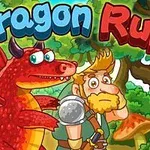 Un dragón rojo con cuernos junto a un guerrero barbudo en un bosque con árboles y hongos, con el título Dragon Run en la parte superior