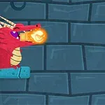 Un caballero con espada enfrenta a un dragón rojo que lanza fuego, sobre una pared de ladrillos azules