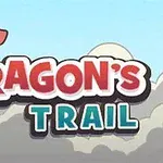 Dibujo de un dragón rojo asomándose sobre una torre con el texto DRAGONS TRAIL en el cielo