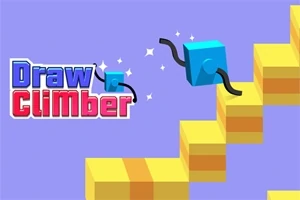 Cubo azul con extremidades negras subiendo escaleras amarillas sobre un fondo morado con el texto Draw Climber