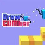 Cubo azul con extremidades negras subiendo escaleras amarillas sobre un fondo morado con el texto Draw Climber