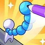 Un personaje con cuerpo segmentado azul sostiene un lápiz morado en un fondo amarillo con destellos brillantes