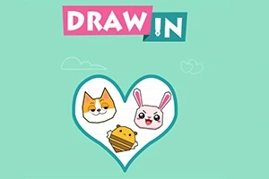 Dos personajes caricaturescos, un gato y un conejo, junto a una abeja, dentro de un corazón sobre un fondo verde con el texto Draw In arriba