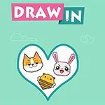 Dos personajes caricaturescos, un gato y un conejo, junto a una abeja, dentro de un corazón sobre un fondo verde con el texto Draw In arriba