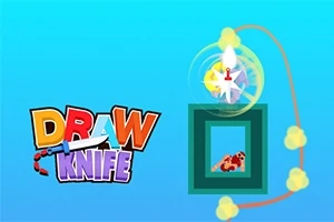 Título colorido Draw Knife al lado de un diseño con formas geométricas y una línea curva rodeada de nubes pequeñas sobre un fondo azul