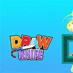 Título colorido Draw Knife al lado de un diseño con formas geométricas y una línea curva rodeada de nubes pequeñas sobre un fondo azul
