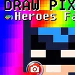 Imagen de arte pixelado con la cara de un héroe enmascarado, con colores de arcoíris de fondo y un ícono de cámara