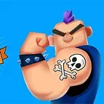Hombre con cresta morada mostrando su bíceps tatuado con una calavera en un fondo azul