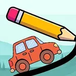 Un coche rojo ilustrado sobre una línea negra dibujada por un lápiz grande sobre un paisaje montañoso