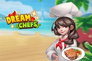 Una chef con uniforme blanco y gorro sostiene un plato de carne asada, con un fondo de playa y palmeras