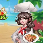 Una chef con uniforme blanco y gorro sostiene un plato de carne asada, con un fondo de playa y palmeras