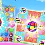 Tablero colorido con piezas y explosiones brillantes en un juego de rompecabezas
