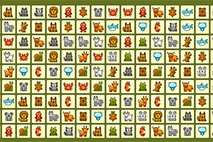 Un tablero de fichas con íconos de animales, como leones, cangrejos, búhos y peces, organizados en una cuadrícula sobre un fondo verde