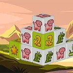Dados blancos y verdes con imágenes de cerdos, cocodrilos y multiplicadores, apilados en un paisaje de montañas al atardecer