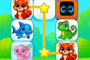 Cuatro fichas con animales caricaturescos, incluyendo un oso rojo, un tiburón azul, un lagarto y una criatura rosada con alas, conectadas por una línea con estrellas