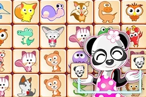 Personaje de panda con vestido rosa frente a un fondo de fichas con dibujos de animales caricaturizados