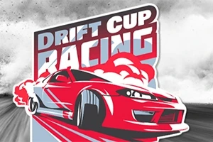 Coche rojo haciendo derrape con texto Drift Cup Racing y fondo de humo