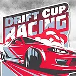 Coche rojo haciendo derrape con texto Drift Cup Racing y fondo de humo