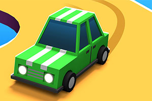 Carro verde con rayas blancas sobre un camino amarillo, rodeado de un paisaje colorido