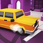 Auto amarillo derrapando en una calle de ciudad con edificios morados al fondo