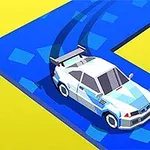 Coche blanco y azul derrapando en una curva sobre una pista azul con fondo amarillo