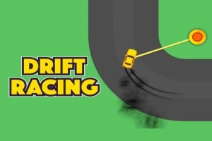 Coche amarillo derrapando en una curva cerrada con fondo verde y texto que dice Drift Racing