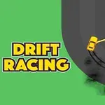 Coche amarillo derrapando en una curva cerrada con fondo verde y texto que dice Drift Racing