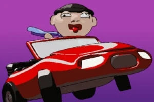 Persona caricaturizada conduciendo un auto rojo sobre un fondo morado