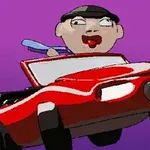 Persona caricaturizada conduciendo un auto rojo sobre un fondo morado