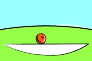 Una bola naranja sobre una línea blanca curva con un fondo verde y cielo azul