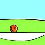 Una bola naranja sobre una línea blanca curva con un fondo verde y cielo azul