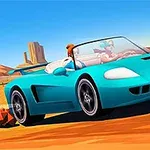 Auto deportivo azul descapotable conduciendo rápidamente por un camino en el desierto con dos personajes a bordo