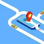 Teléfono inteligente con un marcador de ubicación en la pantalla, rodeado de caminos curvos y taxis amarillos