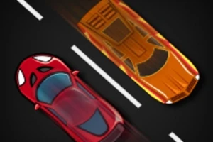 Coches deportivos animados, uno rojo y otro naranja, compitiendo lado a lado en una carretera de dos carriles