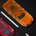 Coches deportivos animados, uno rojo y otro naranja, compitiendo lado a lado en una carretera de dos carriles