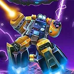 Robot amarillo en posición de combate, disparando rayos luminosos en un entorno espacial con un cielo púrpura y asteroides flotantes