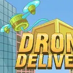 Un dron amarillo y verde transporta un paquete frente a edificios, con el texto Drone Delivery