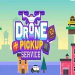 Ilustración colorida de un dron transportando paquetes sobre una ciudad con edificios y plataformas flotantes
