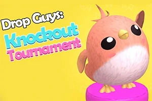 Un pájaro caricaturesco de colores rosa y blanco con grandes ojos negros, posado sobre una plataforma rosada, con texto colorido en el fondo amarillo