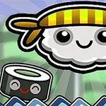 Sushi kawaii con banda amarilla y blanca, acompañado de un maki sonriente, sobre un fondo con rayos verdes y azules