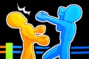 Drunken Boxing 2 Dos figuras humanoides, una amarilla y una azul, peleando en un ring de boxeo con cuerdas de colores de fondo