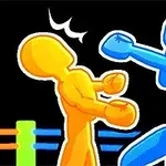 Drunken Boxing 2 Dos figuras humanoides, una amarilla y una azul, peleando en un ring de boxeo con cuerdas de colores de fondo