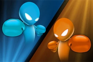 Dos figuras estilizadas con guantes de box color azul y naranja se enfrentan en un contraste de luces