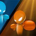 Dos figuras estilizadas con guantes de box color azul y naranja se enfrentan en un contraste de luces