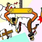 Un hombre atrapado en una garra mecánica junto a un elefante y un hombre durmiendo en una mesa, con colores brillantes y elementos geométricos