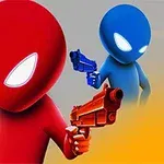 Dos figuras humanoides de colores rojo y azul con rostros sin características detalladas, cada una sosteniendo una pistola de color que coincide con su cuerpo