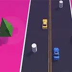Carretera negra de dos carriles con autos amarillo y azul, postes blancos, árboles, ovejas y fondo rosa