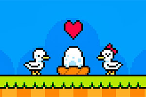 Dos patos pixelados al lado de un huevo en un nido, con un corazón rojo sobre ellos, sobre un fondo azul